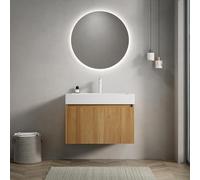 Set di lavabi da bagno montato a parete, con vasca rettangolare in resina, lato frontale a righe, sistema di cassetti a LED, superficie minerale facile da pulire (naturale, 70 cm)