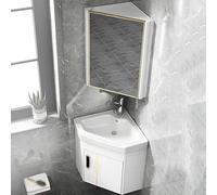 Set di lavabo angolare per bagno con piccolo armadio a parete, con rubinetto dell'acqua calda e fredda, specchio e portasciugamani, design compatto (dimensioni armadietto a specchio bianco: 37 cm)