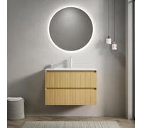 Set di lavabo da parete, rettangolare in ceramica, a righe, in compensato a righe, due cassetti, premontato, effetto venature del legno, guida morbida (naturale, 75 cm)