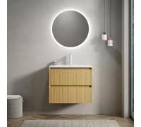 Set di lavabo da parete, rettangolare in ceramica, a righe, in compensato a righe, premontato, effetto venature del legno, guida morbida (naturale, 61 cm)