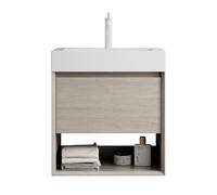 Set di lavandini rettangolari a parete, in resina, pannello frontale in legno massiccio, struttura multistrato effetto rovere, con venature in legno morbido, cassetto portaoggetti (rovere chiaro, 55