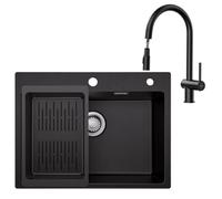 Set di lavello da cucina in granito nero, 60 x 45 cm, con miscelatore e rubinetto girevole a 360°, 2 tipi di getti