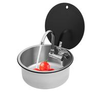 Set di lavello rotondo per camper, in acciaio inox, con rubinetto pieghevole e coperchio in vetro temperato per camper, yacht, roulotte, piccolo lavandino da campeggio, 34 x 15 cm