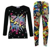 Set Di Leggings E Maglietta Nera Con Stampa "ZAP" Per Ragazze