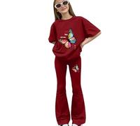 Set di leggings svasati per ragazze estate carino farfalla vestiti top a maniche corte con pantaloni a campana pantaloni fiorito spiaggia vacanza abbigliamento bambini San Valentino abiti, vino, 10-11