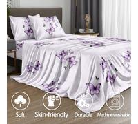 Set di lenzuola 4 pezzi con motivo farfalla viola chiaro, set di biancheria da letto in microfibra morbida e facile da curare (1 lenzuolo piatto + 1 lenzuolo con angoli + 2 federe), set di lenzuola co