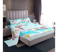 Set di lenzuola a forma di unicorno con simpatici cartoni animati per bambini, ragazzi, ragazze, cuore da sogno, colore foglia di tè, set da letto con unicorno scintillante, 4 pezzi per letto matrimo