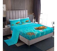 Set di lenzuola blu oceano 3D tartaruga set di biancheria da letto Hawaii Sea Beach lenzuola con angoli 3 pezzi include 1 lenzuolo e 1 lenzuolo piatto con 1 federa, morbido singolo