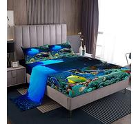 Set di lenzuola Coastal Beach con tasche profonde, set di lenzuola e federe per cuscini, 4 pezzi ultra morbidi per l'estate lenzuolo piatto rettile lenzuolo con angoli oceano