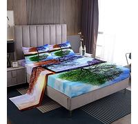 Set di lenzuola con alberi colorati, set di lenzuola da sogno per boschi per bambini, ragazzi e ragazze, set di lenzuola con alberi delle quattro stagioni, lenzuola blu e verdi, collezione per camera