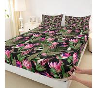 Set di lenzuola con fiori ad acquerello, decorazione per la casa, grazioso colibrì, con tasca profonda, rosa floreale foglie rustiche, coprimaterasso senza lenzuolo superiore, misura singola con 1