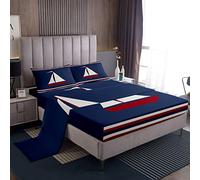 Set di lenzuola con motivo a barca Set di lenzuola nautiche per decorazioni a tema oceano con tasca profonda lenzuolo con angoli blu marino Set di biancheria da letto 4 pezzi matrimoniale