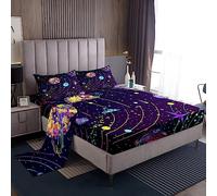 Set di lenzuola con motivo sistema solare, con tasca profonda, lenzuolo con angoli, per bambini, adolescenti, adulti, pianeti, universo, astronauta, viola, 4 pezzi, con 2 federe, per letto