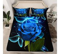 Set di lenzuola con rose blu, set di biancheria da letto con motivo floreale, motivo galassia e fiore di farfalla, per ragazzi, ragazze, donne, coppie, amanti romantici, per San Valentino, senza lenz