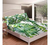 Set di lenzuola con stampa di palme per ragazze tropicali con foglie di palma donne, foglie verdi, con lenzuolo con angoli, design botanico, 2 pezzi per letto singolo