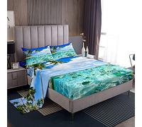 Set di lenzuola da spiaggia per letto matrimoniale donne, ragazze, tropicali, oceano tropicale, set di biancheria da letto con animali marini hawaiani, per le vacanze estive, con 2 federe, blu