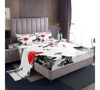 Set di lenzuola giapponesi Ukiyoe fiori di ciliegio rosso letto per bambini ragazzi ragazze inchiostro stile giapponese lenzuola stile esotico 3 pezzi biancheria da letto singolo