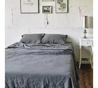 Set di lenzuola in lino lavato da 3 pezzi, lenzuolo in lino, 2 federe, lenzuolo piatto traspirante e morbido per la fattoria, lenzuolo piatto grigio scuro 200x230 cm, 3 pezzi