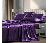 Set di lenzuola in satin per letto queen P Pothuiny da 6 pezzi, viola, 1 lenzuolo con angoli elasticizzati con tasche profonde + 1 lenzuolo + 4 federe per cuscini