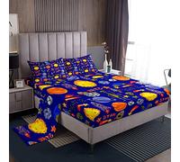Set di lenzuola, motivo galassia, pianeta spaziale, per bambini, ragazzi e ragazze, collezione universo, blu, 4 pezzi, per letto matrimoniale