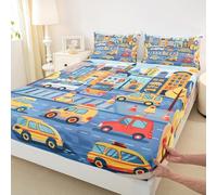 Set di lenzuola, motivo traffico stradale, decorazione per la casa, con mappa della città dei cartoni animati, tasca profonda, coprimaterasso colorato con auto e strada, senza lenzuolo superiore, per