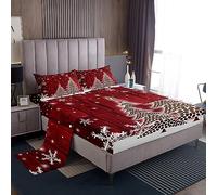 Set di lenzuola natalizie per letto matrimoniale, motivo chicchi di caffè, decorazioni per albero di Natale, per bambini e adulti, colore rosso bordeaux, con lenzuolo piatto in legno con angoli
