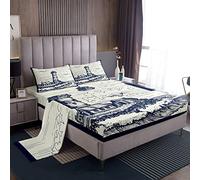 Set di lenzuola nautiche con motivo faro set di lenzuola a tema oceano con tasca profonda lenzuolo con angoli marina blu e bianco set di biancheria da letto per camera da letto 4 pezzi matrimoniale