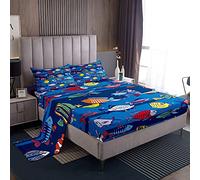 Set di lenzuola per bambini con pesci animati e pesci oceanici, set di lenzuola per bambini, ragazzi, ragazze, mare, mondo subacqueo, lenzuola colorate blu con 2 federe 4 pezzi biancheria da letto ki