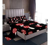 Set di lenzuola per bambini, ragazzi e donne, con 2 federe, 4 pezzi, motivo funghi, colore: rosso e nero