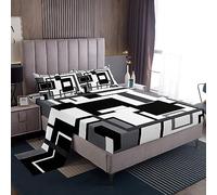 Set di lenzuola per letto matrimoniale, colore nero, bianco e grigio, per adulti e uomini, motivo geometrico astratto, geometria, quadrato, a righe, linee semplici, set di biancheria da letto moderno