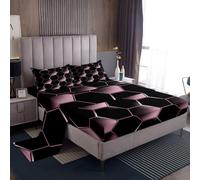 Set di lenzuola per letto matrimoniale, motivo geometrico a nido d'ape, per bambini, colore rosa e nero, con motivo a nido d'ape, lenzuolo superiore + lenzuolo sopra + lenzuolo piano