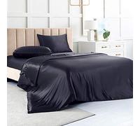Set di lenzuola per letto queen size, lenzuola in seta nera, 4 pezzi, morbide, con 1 lenzuolo con angoli con tasca profonda, 1 lenzuolo piatto, 2 federe