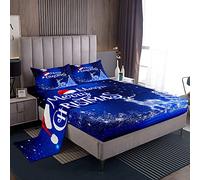 Set di lenzuola per Natale per bambini, ragazze, ragazzi e adolescenti, simpatico set di lenzuola con cervi, renne, Babbo Natale e fiocchi di neve, lenzuola blu, camera da letto, 4 pezzi, misura king