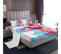 Set di lenzuola per ragazze, lenzuolo e lenzuolo con angoli e federe per letto king size, adolescenti, donne, rose rosse, set di biancheria da letto moderno in marmo blu con grazioso fiore botanico