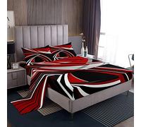 Set di lenzuola rosse e nere, motivo geometrico astratto, in metallo, stile retrò, a righe, con tasca profonda, lenzuolo con angoli, set di biancheria da letto con 2 federe, matrimoniale