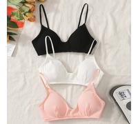 Set di lingerie da 3 pezzi per ragazze adolescenti, composto da reggiseno a fascia con imbottitura e fermaglio sulla schiena, spalline a spaghetti, stile minimalista francese 14Y,13Y,16Y,15YColore uni