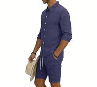 Set di lino da uomo, estivo, in cotone, da jogging, per il tempo libero, in due pezzi, traspirante, con bottoni, per la casa, in lino
