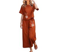 Set di Lino per Donna Camicetta Stampata a Maniche Corte in Cotone da Donna in 2 Pezzi Pantaloni Corti Larghi Completi a Due Pezzi Completo Estivo Elegante