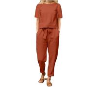Set di lino per le donne 2 pezzi abiti allentati manica corta girocollo crop t-shirt e tinta unita coulisse pantaloni a vita alta Plus Size Loose Lounge Wear Set, Rosso, 5XL