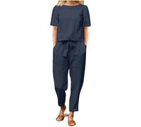 Set di lino per le donne 2 pezzi abiti allentati manica corta girocollo crop t-shirt e tinta unita coulisse pantaloni a vita alta Plus Size Loose Lounge Wear Set, Blu, 5XL