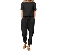 Set di lino per le donne 2 pezzi abiti allentati manica corta girocollo crop t-shirt e tinta unita coulisse pantaloni a vita alta Plus Size Loose Lounge Wear Set, Nero , 5XL