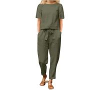 Set di lino per le donne 2 pezzi abiti allentati manica corta girocollo crop t-shirt e tinta unita coulisse pantaloni a vita alta Plus Size Loose Lounge Wear Set, Verde, 5XL