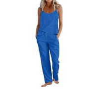 Set di lino per le donne 2 pezzi gilet senza maniche e coulisse gamba dritta pantaloni set con tasche estate casual abbigliamento da viaggio Co Ord Beach Holiday Cotton Linen Suit, 1 blu., L