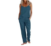 Set di lino per le donne 2 pezzi gilet senza maniche e coulisse gamba dritta pantaloni set con tasche estate casual abbigliamento da viaggio Co Ord Beach Holiday Cotton Linen Suit, 1 blu scuro., L