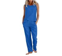 Set di lino per le donne 2 pezzi gilet senza maniche e coulisse gamba dritta pantaloni set con tasche estate casual abbigliamento da viaggio Co Ord Beach Holiday Cotton Linen Suit, 2-blu, L