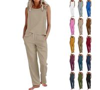 Set di lino per le donne 2 pezzi gilet senza maniche e coulisse gamba dritta pantaloni set con tasche estate casual abbigliamento da viaggio Co Ord Beach Holiday Cotton Linen Suit, 2-nero, 5XL