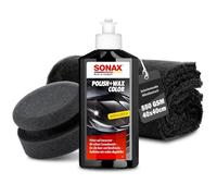 Set di lucidatura per auto | Sonax Polish & Wax Color Nero 250ml Lucidante per auto + Spugna per lucidatura + Panno lucidante | Pasta lucidante per vernici metallizzate scure per rimuovere piccoli