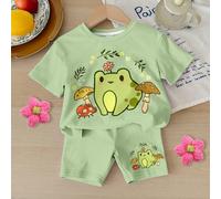 Set di maglia a maniche corte con scollo rotondo e pantaloncini attillati da bambina con stampa carina a rana, adatto per primavera ed estate 6-9M,9-12M,12-18M,18-24M,2-3YAnimale,Fumetto,LettereTessut