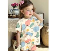 Set di maglia a maniche corte e pantaloncini corti attillati, con stampa geometrica e di cartoni animati colorati, orsacchiotti e motivi floreali, adatto per bambine, in stile casual minimalista, idea