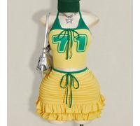 Set di maglia e gonna a pieghe a due pezzi, in stile colorblock della squadra del Brasile, con top a maglia con scollo ad aletta e schiena scoperta, e gonna mini con balze, adatto per le partite 0XL,1